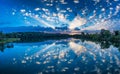 Dawn over the meadow. A wonderful summer landscape. Drone view. Morning fog. Royalty Free Stock Photo