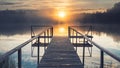 Dawn over a misty lake with a wooden pier in the  summer  forest Royalty Free Stock Photo