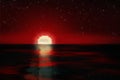 Dawn over the water on Mars. Water on an unknown planet sensation. Red sunset over the water. Martian cosmic landscape. The sun is