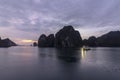 Dawn panorama at Ha Long Bay tourist destination in Asia. Gulf of Tonkin in the South China Sea, Vietnam