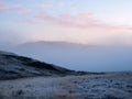 Dawn path. Mountain off-road track to high mountain village in Altai region