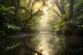 dawn reflections on a rainforest river surface
