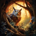 Dawn's Diplomat - Artistic Rendition of Wise Owl Peering from Hollow Tree at Dawn