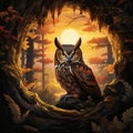 Dawn's Diplomat - Artistic Rendition of Wise Owl Peering from Hollow Tree at Dawn