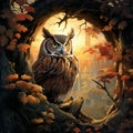 Dawn's Diplomat - Artistic Rendition of Wise Owl Peering from Hollow Tree at Dawn