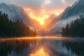 Concept Nature Photography, Sunrise Colors, Misty Dawns Golden Symphony Over Misty Mountain Lake Royalty Free Stock Photo