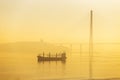 A large commercial cargo ship stands on a roadstead against a cable-stayed Russian bridge Royalty Free Stock Photo