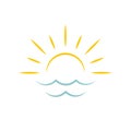 Dawn on sea. Sun icon. Travel agency emblem concept, vector logo template. Royalty Free Stock Photo