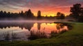 Dawn serenity over a peaceful farm pond Royalty Free Stock Photo