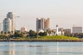 Dawn at Shoreline Aquatic Park and Rainbow Harbor Lighthouse in Long Beach Royalty Free Stock Photo