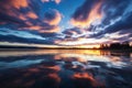 Dawn spectacle Time lapse captures clouds dancing over a tranquil lake Royalty Free Stock Photo