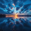 Dawn spectacle Time lapse captures clouds dancing over a tranquil lake Royalty Free Stock Photo