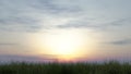 Dawn sunrise in the field, morning in the valley, the sun in the morning haze, rural landscape. 3d render