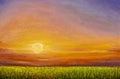 Dawn sunset over a green field - beautiful oil painting. Summer Russian landscape. The concept of farm, agriculture