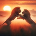 Two male lions fighting at dawn, on the savannah Royalty Free Stock Photo