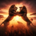 Two male lions fighting at dawn, on the savannah