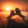 Two male lions fighting at dawn, on the savannah Royalty Free Stock Photo