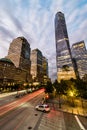 Dawn view at street and skyscrapers in lower Manhattan, New York city, USA Royalty Free Stock Photo