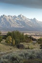 Dawn and a weather front over the Grand Tetons from Spring Creek Ranch Jackson Wyoming. Royalty Free Stock Photo