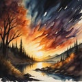 Dawn in the woods with the river. Painting