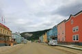 DAWSON CITY, YUKON, CANADA, JUNE 24 2014: Historic buildings and typical traditional wooden houses in a main street in