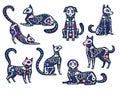 Day animals. Dia de los muertos, cats and dogs skulls, skeletons decorated with flowers, traditional mexican latin