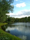 Day, beautiful view of the park. On the shore of the lake grass, dandelions and trees. The sky is reflected in the lake with white Royalty Free Stock Photo