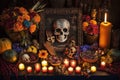 day of the dead altar, adorned with candles, flowers and offerings for the deceased