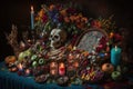 day of the dead altar, adorned with candles, flowers and offerings for the deceased