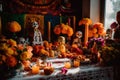 Day of the dead altar with candles and flowers. Generative AI image.