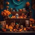 Day of the dead altar with candles and sugar skulls. AI generative image.