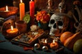 day of the dead altar, decorated with candles and offerings to honor lost loved ones