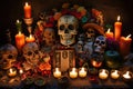 day of the dead altar, filled with candles and offerings for the deceased