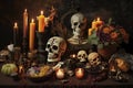 day of the dead altar, filled with candles and offerings for the deceased