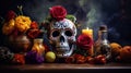 Day of the dead background with skull mask, candles and flowers, front view, close up. Holiday banner with dia de los muertos