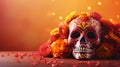 Day of the dead background with skull mask and orange flowers, front view, close up. Holiday banner with dia de los muertos skull