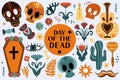 Day of the dead Boho set. Bohemian Dia de los Muertos collection clip art hand drawing style. Mexican holiday Halloween Royalty Free Stock Photo