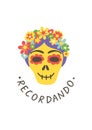 Day of the Dead card. Calavera catrina print. Recordando hand lettering poster. Skull sticker. Mexican party. Amor