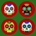 Day of the dead card design. Vector icons in flat style. Collection of 4 skulls decorated with patterns at red and green backgroun