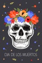 Day of the Dead card. Skull in a wreath of flowers. Royalty Free Stock Photo