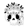 Day of the dead, catrina with flowers and candle mexican celebration line style