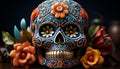 Day of the Dead celebration colorful masks, spooky decorations, smiling faces generated by AI