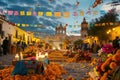 Day of the Dead celebration in a Mexican town square with traditional costumes and vibrant decorations Royalty Free Stock Photo