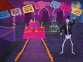 Day of the dead celebration: Skeleton and offering in small town square illustration