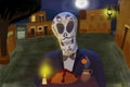 Day of the dead celebration: Skeleton walking in the street by night, with dinner