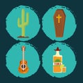 Day of the dead, coffin guitar tequila bottle and cactus icons mexican celebration Royalty Free Stock Photo