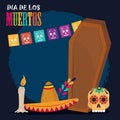 Day of the dead, coffin hat candle and skull, mexican celebration