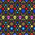 Day of the dead. Colorful mexican skulls, flowers and leaves on dark background. Traditional seamless pattern for fiesta Royalty Free Stock Photo