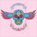 Day of The Dead colorful Skull with floral ornament and wings