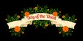 Day of the Dead. Concept of the national Mexican holiday. Ribbon with the name of the event. Marigolds - flowers, leaves, buds